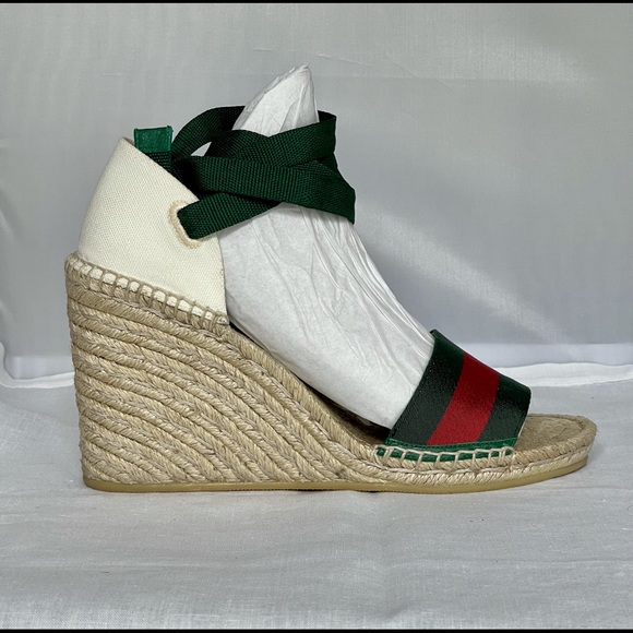 Gucci Shoes - GUCCI Lilibeth Web Espadrille Wedge Sandals